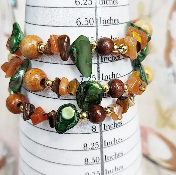 Stone Shell Wood Beaded Memory Wire Bracelet Gold Tone Mother Nature Organic EUC - Picture 2 of 8